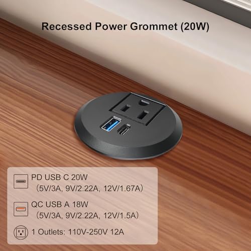4 LEAF PX012C1 Extensión de alimentación empotrada USB-C de carga rápida 20W, toma de escritorio empotrada de 2 pulgadas con cable de extensión de 6.5 pies, regleta ahorradora de espacio para oficina en casa miniatura 2