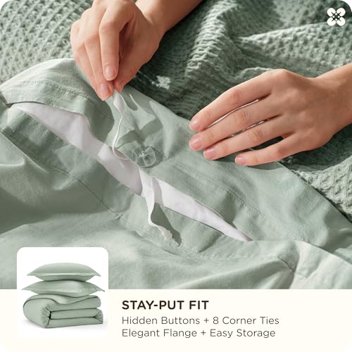 Image of Bedsure Cotton Duvet Cover King - 100% Cotton Waffle Weave Sage Green Duvet Cover King Size, PureWoven Breathable Bedding Set for All Season, 3 Pieces, 104 inchx90 inch