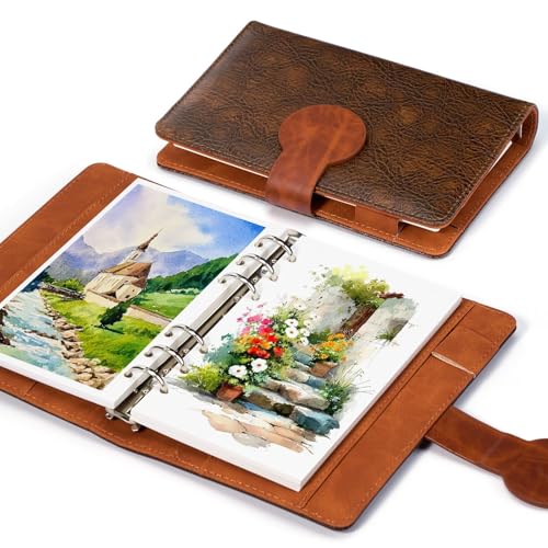 Lightwish 水彩スケッチブック 詰め替え可能 綿100% 300gsm (140ポンド) - 6.75インチ x 3.9インチ ホットプレス 水彩紙 ジャーナルノート - 20枚 PUレザーカバー付き ミクストメディアを描くのに