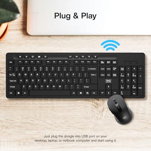 Image of TAG KBWM1000 Black Wireless Keyboard & Mouse Combo Kit with USB 2.4Ghz Nano Receiver, Linear Chiclet Keys, Upto 10M Clicks, Full 104 Keys & 10 Multimia Keys, 6 Buttons Mouse, for Windows /Mac /Linux
