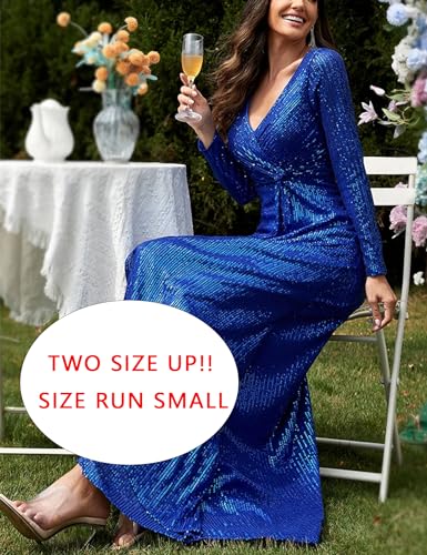 Image of Long Sleeve Sequin Dress For Women Formal Gowns Sparkly V Neck Maxi Dress