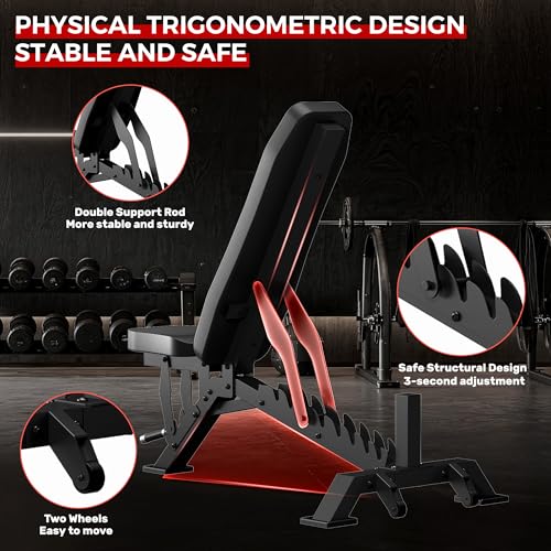 Image of Weight Bench, Adjustable Workout Bench for Home Gym Full Body Workout, 1300LBS Weight Capacity Bench Press, Flat /Incline Bench with 33 inch Extra-Long Backrest & Wheels