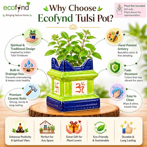 Image of ecofynd 5 inches Tulsi Ceramic Plant Pots, Flower Pot with Drainage Hole, Decorative Modern Indoor Planters, Home Garden Decor for Living Room Bedroom Interior (Green,CPOT016)