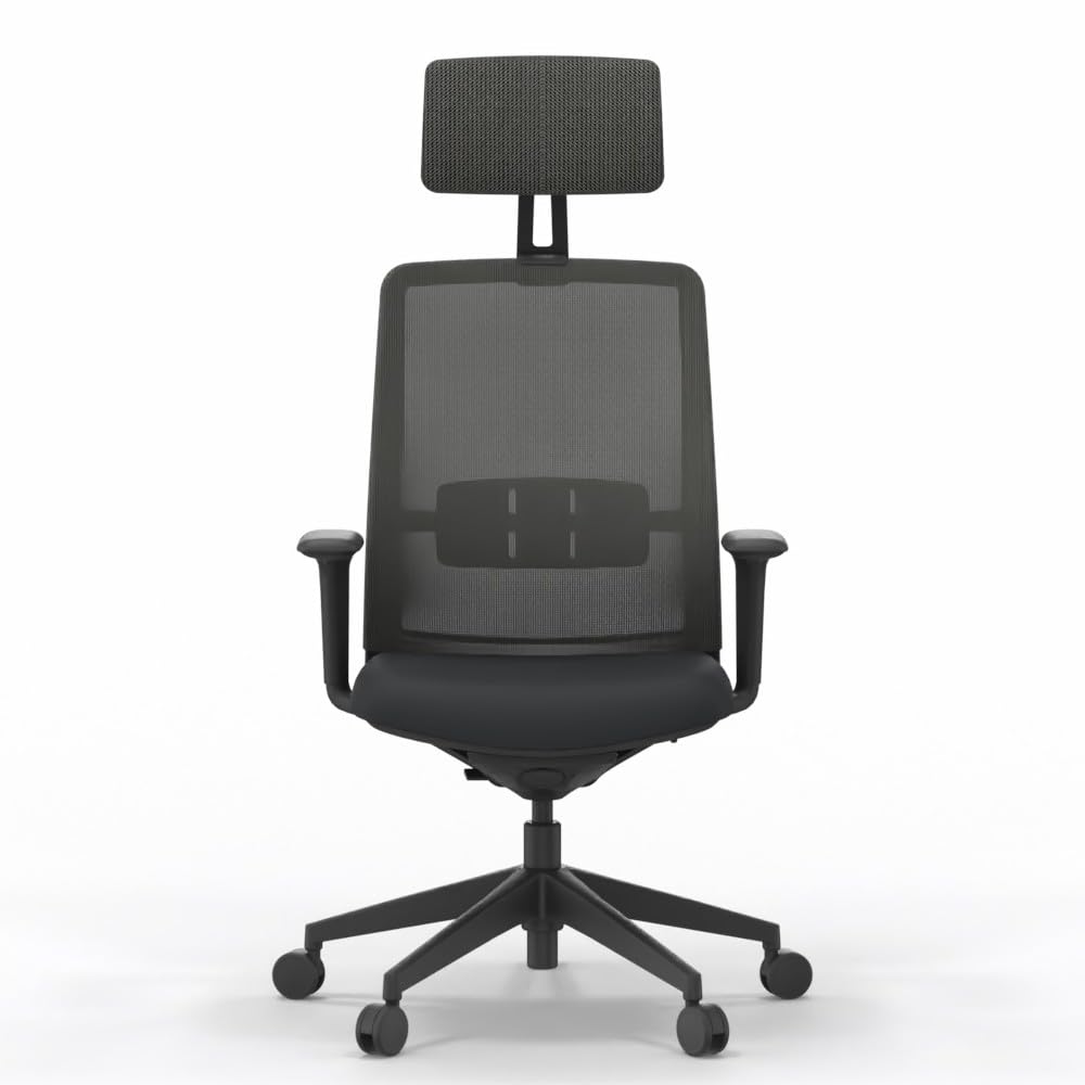 Silla Profesional de Oficina Actiu A+S Work Carbon Black, Silla de Escritorio con Respaldo en Malla, Asiento, Brazos, Lumbar, Cabezal Regulables a Medida +120kg (con Cabezal)