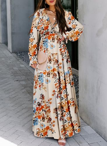 Image of BLENCOT Womens Casual Boho Floral Printed V Neck Long Sleeve Long Maxi Dress Spring Summer Dresses