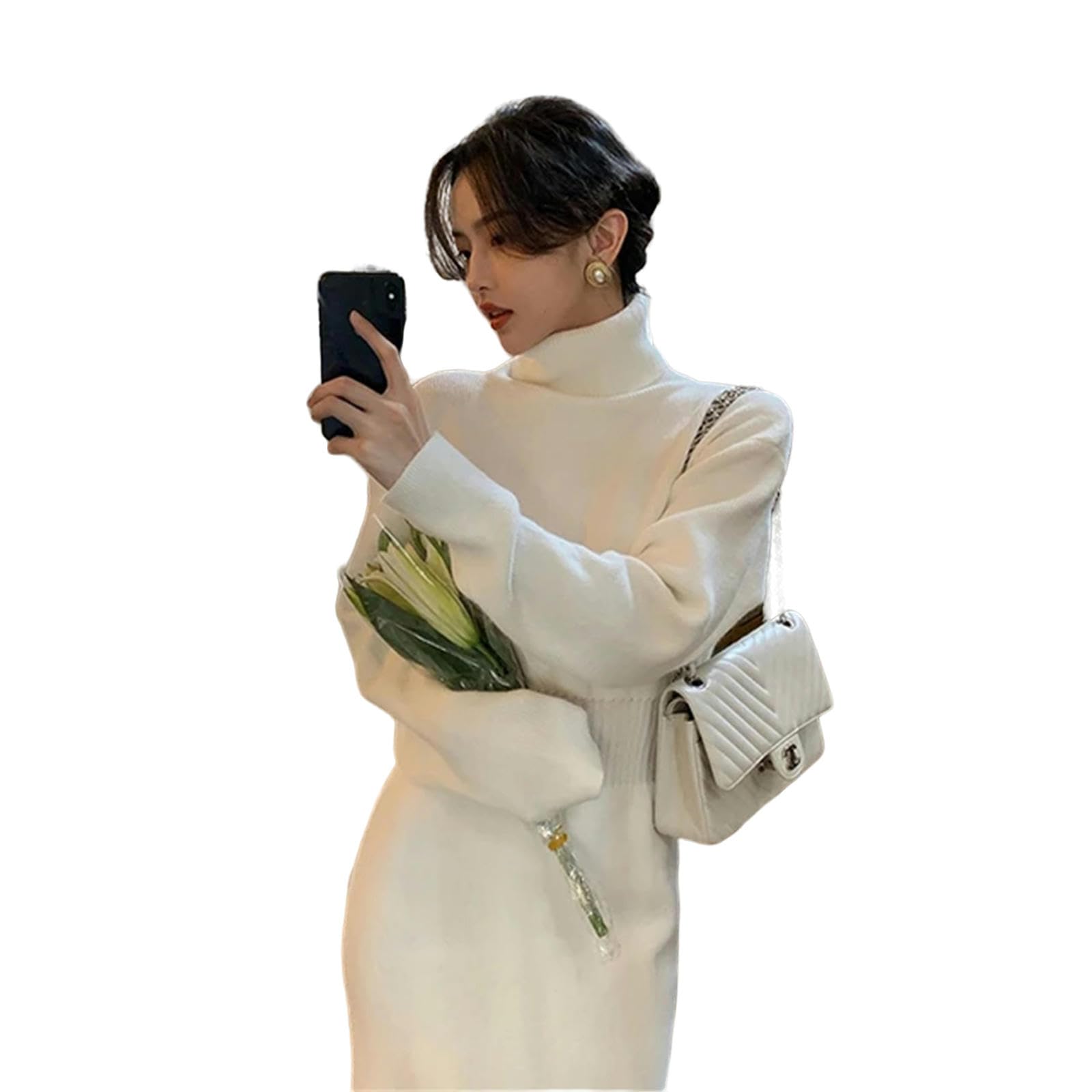 Vestito Donna Autunno Elegante Abito Midi A Maglia da Donna Donne A Linea Abiti Autunno Inverno Solido con La Vita Alta