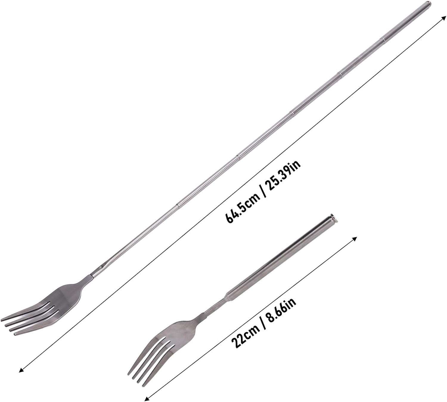 2Pcs Forks Stainless Steel, Adjustable Extendable Forks, Silver Telescopic Fork from 8.66 to 25.39in As Accessory for Dinner, Fruit, Dessert, Barbecue and Others