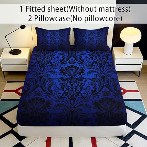 Drap housse damassé bleu royal en microfibre premium avec motif imprimé 3D