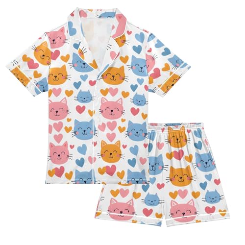 ALAZA Cartoon Cat Love Heart Pajamas Satin Pajama Set Short Sleeve Button Down Sleepwear