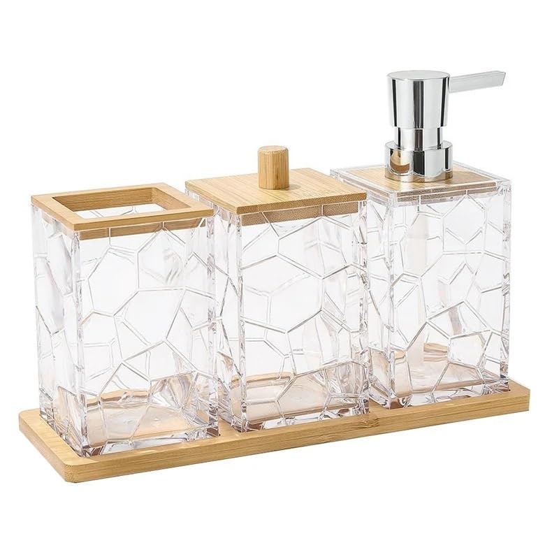 Set Bagno Accessori Completo Set di Accessori for Il Bagno Dispenser di Sapone con Vassoio Dispenser di Sapone in bambù Portaspazzolino Scatola di Bastoncini di Cotone Acrilico Trasparente
