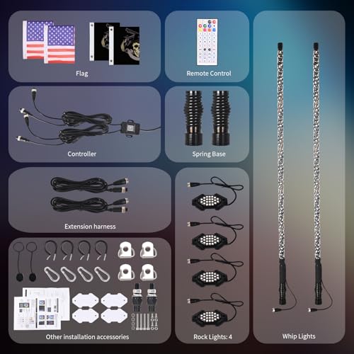 Image of 2PCS 3FT LED Whip Light and 4 Pods Rock Light Combo Kit with Spring Base, Rocker Switch, Remote and App Control,Universal for UTV ATV RZR Polaris SXS Can-Am,Waterproof