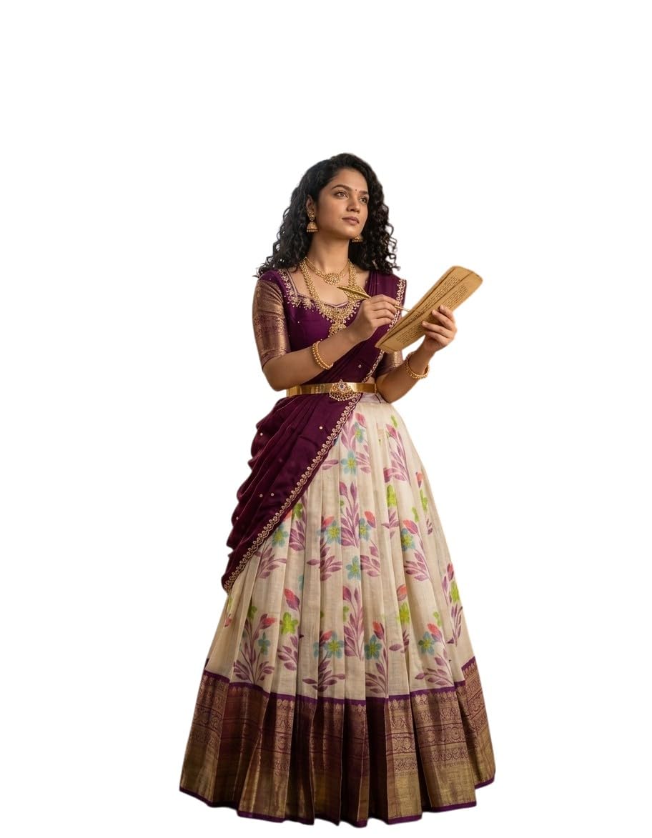 Banarasi Silk Lehenga Choli, Cream and Purple, Floral Print, Zari Border, with Dupatta, Free Size-image-2
