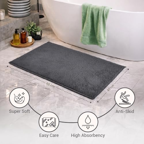 Image of Welspun Arlo Bathroom Mat Anti Slip | Soft Absorbent Bathmat | Quick Dry Polyester Floor Mat for Bathroom | Anti Skid Bathmat | Machine Washable | 40 x 60 cm | Dark Grey