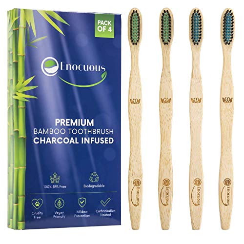 Enocuous Premium Biodegradable Bamboo Toothbrushes, Charcoal Infused, 100% BPA Free, Vegan friendly, Eco-Friendly, Cruelty-Free, Compostable, Bamboo (Medium Bristle)