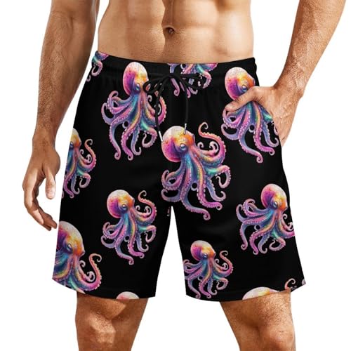 Colorful Octopuss Beach Shorts for Men Swim Trunks Quick Dry Swim Shorts with Compression Liner Pocket