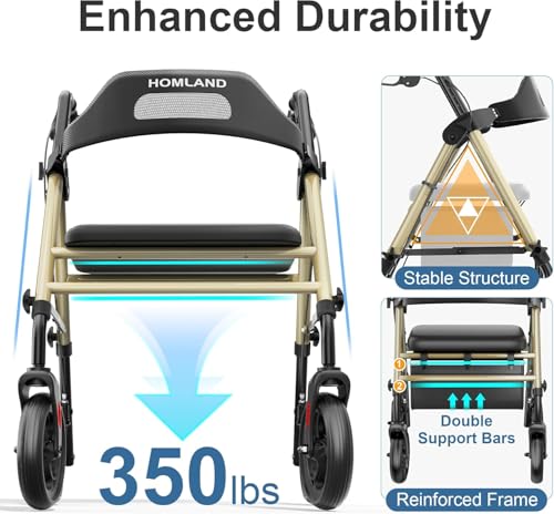 Image of HOMLAND Foldable Rollator Walker with Seat for Seniors, 16 inch Enlarged Seat | 8 inch Big Wheels, 16 inchx12 inchx1.9 inch Thick Padded Seat, Adjustable Seat & Handle Height, Tool-Free Assembly, All Terrain Mobility Aid