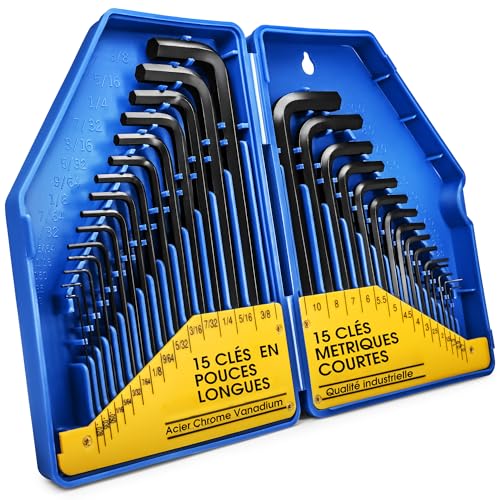 S&R Clés Allen Males en Pouce et Métrique Jeu 30 Clés coudés (15 en inchs+15 en mm). Clefs héxagonales à laine Professionnelle