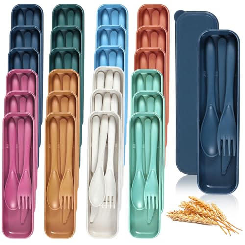 24 Sets Reusable Travel Utensils Set with Case, Wheat Straw Portable Knife Fork Spoons Cutlery, Eco-Friendly BPA Free Plastic Tableware for Kids Adults Travel Picnic Camping Utensils (8 Colors)