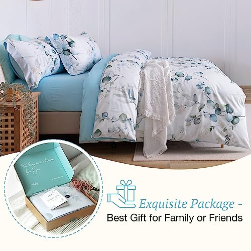 MILDLY 100% Long-Staple Cotton Duvet Cover Set Baby Blue Teal Gradient Leaf Pattern Printed Comforter Cover 3pcs, Ultra Soft & Breathable Bedding Set