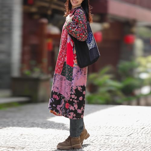 Women’s Flower Patchwork Coat Cotton Linen Trench Coat Women Jacket Vintage Boho Long Overcoat with Pockets4