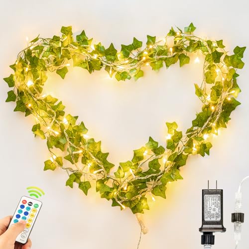 Qunlight Vines with Fairy Lights,23ft Ivy Leaf Lights Plug in,73 LED Lighted Fake Garland with Remote Indoor Outdoor for Dorm,Bedroom,Wall,Celling,Curtain,Photo,Birthday,Wedding Decor(Warm White)