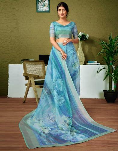 Image of SIRIL Women's Cotton Linen Printed Readymade Saree 1 Minute Ready to Wear Saree With Unstitched Blouse Piece