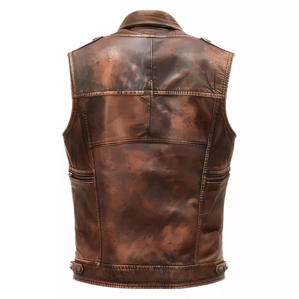Men's Distressed Sheepskin Leather Motorcycle Biker Vest – Real Leather Riding Waistcoat, Vintage Western Style2
