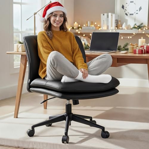 Silla de escritorio sin brazos con ruedas para sentarse cruzado, silla ancha sin brazos con patas cruzadas, taburete giratorio ajustable de 360° y asiento ancho oscilante de 120°, cómodo para el hogar