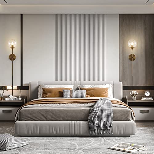 Image of BOKT Brushed Gold Plug in Wall Sconce Set of 2 Mid Century Modern Long Globe Wall Sconce Light with Plug in Cord Amber Glass Bathroom Vanity Light Fixture (Amber-Plug in)