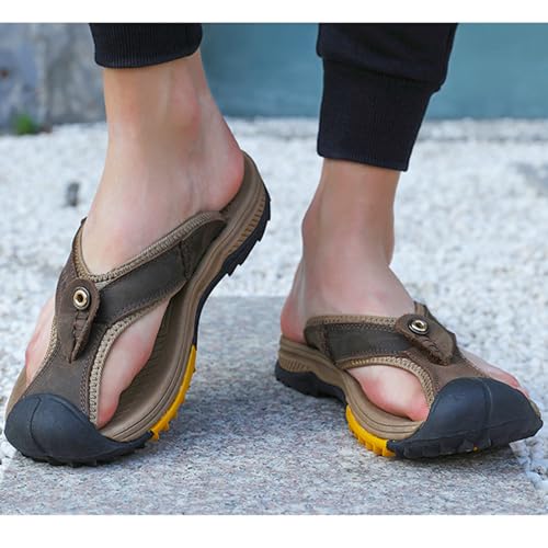 MILDSEVEN Handmade Men's Large Size Hiking Sandals, Fashion Real Leather Closed Toe Slippers, Outdoor Breathable Backpacking Beach Shoes,8.5,Dark Brown3