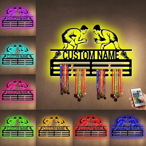 XIAO.Z Personalized Metal Wrestling Medal Hanger Holder Display Rack for Awards Ribbons With Led Light- Custom Sports Medal Holder for Wall Medal Hanger Display Award Rack With Boy Girl Kids Name