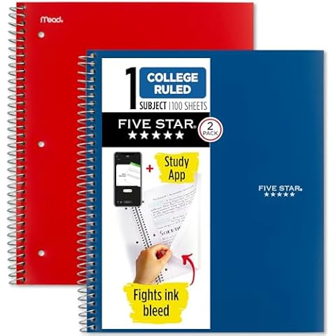 Five Star Spiral Notebooks + Study App, 2 Pack, 1 Subject, College Ruled Paper, 100 Sheets, 11" x 8-1/2", Pacific Blue, Fire Red (38452) Cover