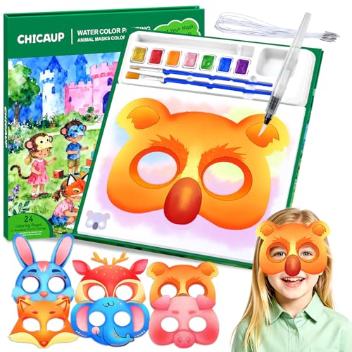 CHICAUP Paint with Water Coloring Books for Kids, 24 Pcs Paper Mache Masks, Jungle Zoo Animals Cartoon Masks, Mess Free Watercolor Painting Activity for Kids - image 1