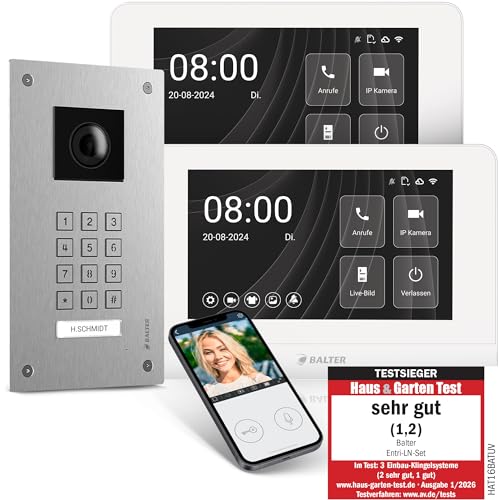 Entri Video Türsprechanlage, Unterputz Türklingel mit Kamera, Smartphone App, 1 Familienhaus, Video Türklingel, 2x7“ HD-Monitor, Full HD Kamera, Gegensprechanlage mit Türöffner und Numpad, 2 Draht Bus