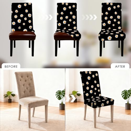 Image of Nuxovilar 4PCS White Daisy Black Background Stretch Chair Covers | Stretch Slipcover Furniture Protector Daisy Wrap Seat Guard Dining Room Kitchen Cafe House (White Daisy Pattern)