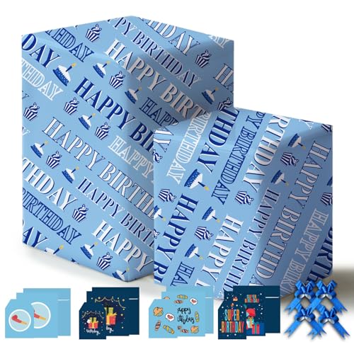 Blue Happy Birthday Wrapping Paper 43% Bigger 85 * 60cm 4 Sheets 4 Bows 4 Cards 4 Envelopes 4 Tags Gift Wrap Pack for Men Dad Husband Brother Son Boys