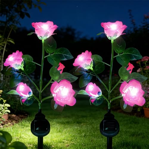 XVZ Luces solares Exterior Jardín, lámparas Decorativas LED Rosas Solares, impermeable lámpara solar con flor más grande y panel solar más ancho, para jardín césped terraza camino(rosa 2 paquetes)