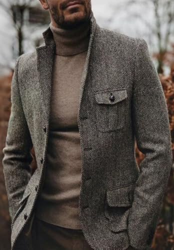 Men's Vintage British Herringbone Tweed Blazer Wool Blend Sport Coat Casual Business Wedding Jacket2