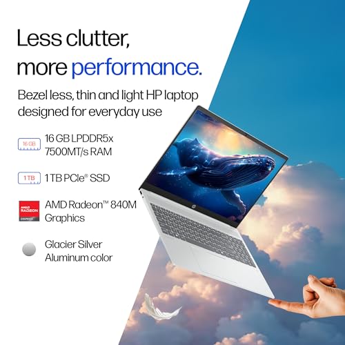 Image of HP Omnibook 5 (Previously Pavilion), AMD Ryzen AI 5 340 (16GB LPDDR5x, 1TB SSD), 2k (1920 x 1200), Touch, 16'' /40.6cm, Win11, M365* Office24, Silver, 1.79kg, ag1045au, FHD Camera, Backlit Laptop