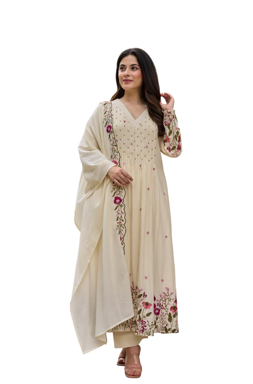 Women's Pure Cotton Jamdani Choga Kurta Pant Set for Women | Flowy A-Line Kurta with Loose Fit Elasticated Drawstring Pants | Ethnic