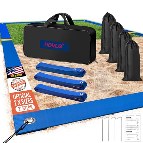 DDVLG Beach Volleyball Lines for Sand or Grass 2inch Sand Volleyball Boundary Lines for Beach Court 26.3x52.6 [Doubles 2V2] Highly Visible All-Weather with Metal Anchors & Sand Bags - Blue
