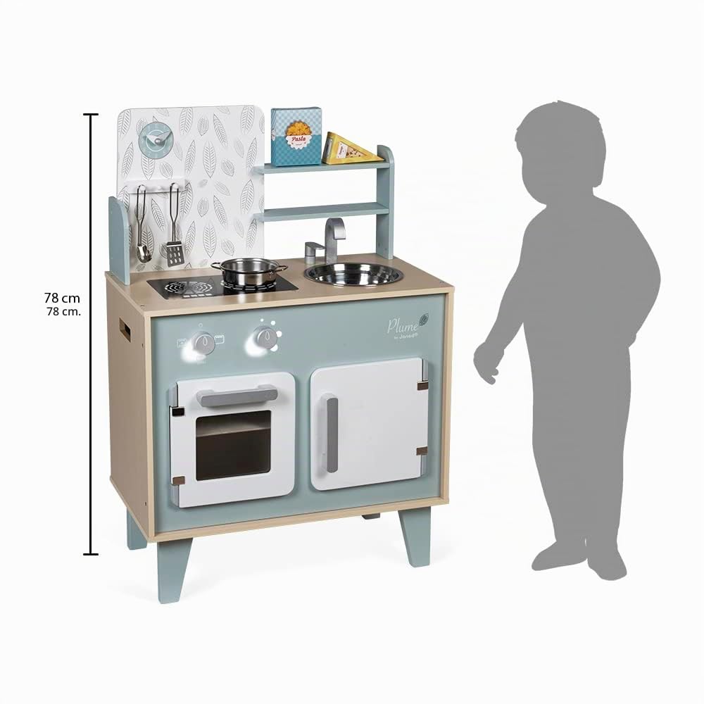 Janod - Cucina Giocattolo Plume - Mini Cucina per Bambini in Legno - con Forno, Lavello Inox, Armadietto, Pulsanti e Orologio - Cucina in Legno con 5 Accessori - Da 3 a 8 Anni, J06608