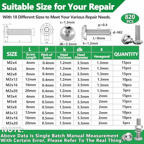 820PCS Screws and Nuts, M2 M3 M4 Metric Bolts and Nuts Assortment, 304 Stainless Steel Hex Button Head Cap Lock & Flat Washers Bolts Assortment Kit with 3 Wrenches for 3D Printer Furniture Industrial - Image 3