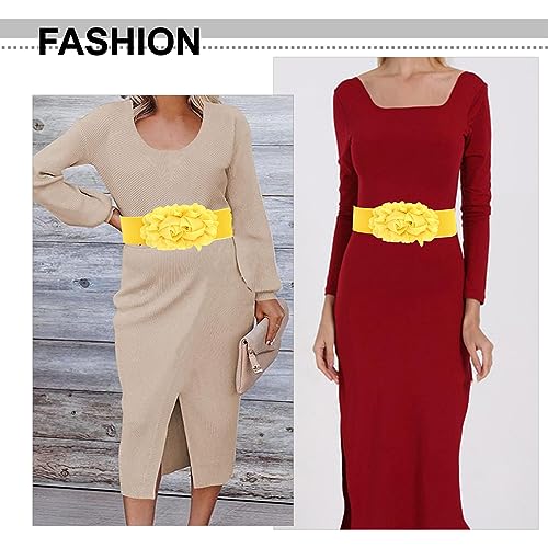 Women's Elastic Wide Waist Belt 3D Chiffon Rose Flowers Retro Cinch Waistband Dress Belt2