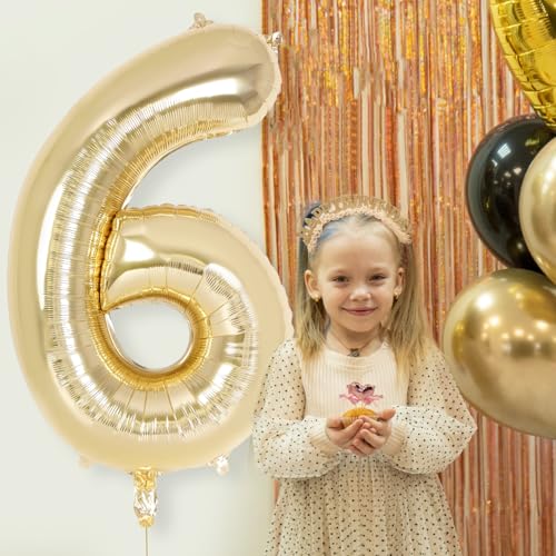 Image of Champagne Gold Large Number 6 Balloon, 40 Inch Light Gold Foil Helium Number Balloons, Giant Mylar Number 6 Balloons for 6 Years Old Birthday Party Anniversary Decorations