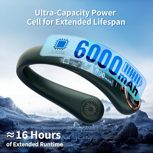 Image of Portable Neck Fan with 6000mAh USB - Rechargeable Battery, 360 Cooling Wearable Fan, 3 Speeds, Ultra-Light Bladeless Neck Fan LED Display (Green)