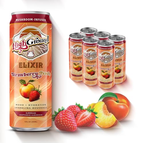 High Ground Elixir Mushroom Seltzer – Strawberry Peach | Lion’s Mane for Focus, Reishi for Stress, Cordyceps, Chaga, Turkey Tail, L-Theanine | Adaptogen Drink | Low Cal, No Added Sugar, 12oz Cans, 6 Pack