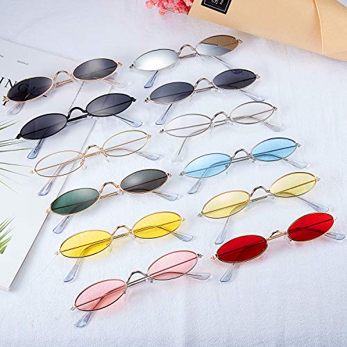 12 Pieces Vintage Oval Sunglasses Retro Slender Metal Frame Oval Glasses Small Vintage Sunglasses Candy Colors for Man and Woman4