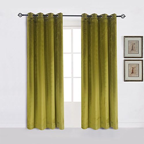 Cherry Home Super Soft Luxury Room Darkening Velvet Moss Green Thermal Blackout Curtain Panel Drapes Grommet Draperies Eyelet 52Wx72L inch Green Yellow,2 Panels