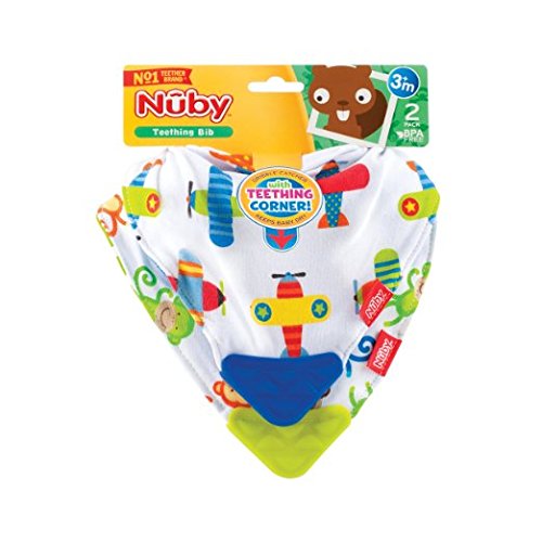 Nuby 2 pk Teething Bib - Dribble Catcher with Teething Corner (Blue/Green)